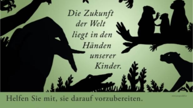Eine Illustration mit Silhouetten von Tieren und dem Slogan „Die Zukunft der Welt liegt in den Händen unserer Kinder.“.