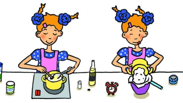 Eine Illustration, die ein Mädchen beim Kochen in vier Schritten zeigt.