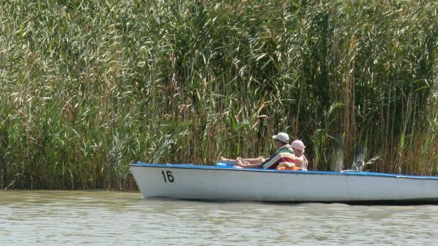 Ein Paar fährt mit einem kleinen Boot auf einem See mit Schilfgras im Hintergrund.