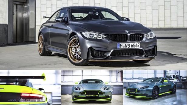 Ein grauer BMW M4 mit goldenen Felgen steht vor einem Gebäude.