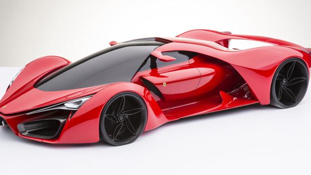 Ein roter Ferrari-Sportwagen mit schwarzer Windschutzscheibe steht auf einem weißen Untergrund.