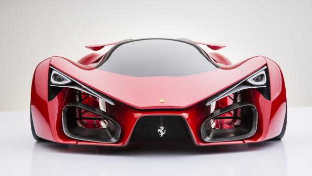 Die Frontansicht eines roten Ferrari-Konzeptwagens mit futuristischem Design.