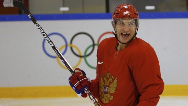 Ovechkin attends a team practice at the 2014 Sochi