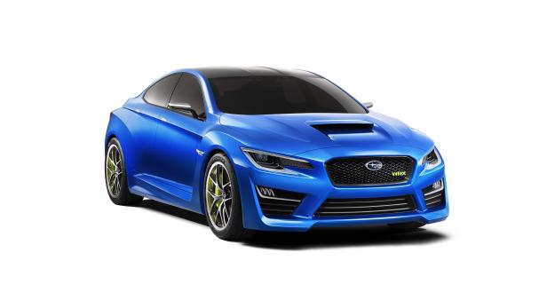 Ein blaues Subaru WRX Konzeptfahrzeug vor einem weißen Hintergrund.