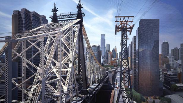 Die Queensboro Bridge und die Roosevelt Island Tram in New York City.