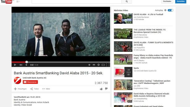 Der Bank-Austria-Spot zu Smart-Banking mit David Alaba zählt zu den beliebtesten YouTube-Videos der vergangenen zehn Jahre