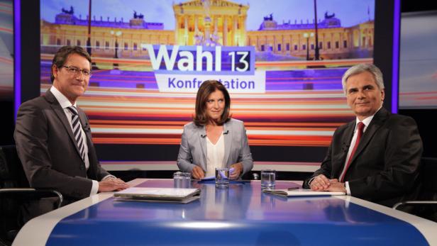 &quot;Wahl 13&quot;, &quot;Konfrontation Faymann - Bucher.&quot; Was sie trennt, was sie verbindet. Live aus dem Großen Publikumsstudio des ORF, mit Ingrid Thurnher.Im Bild: Josef Bucher (BZÖ), Ingrid Thurnher, Werner Faymann (SPÖ). SENDUNG: ORF2 - DI - 03.09.2013 - 21:05 UHR. - Veroeffentlichung fuer Pressezwecke honorarfrei ausschliesslich im Zusammenhang mit oben genannter Sendung oder Veranstaltung des ORF bei Urhebernennung. Foto: ORF/Milenko Badzic. Anderweitige Verwendung honorarpflichtig und nur nach schriftlicher Genehmigung der ORF-Fotoredaktion. Copyright: ORF, Wuerzburggasse 30, A-1136 Wien, Tel. +43-(0)1-87878-13606