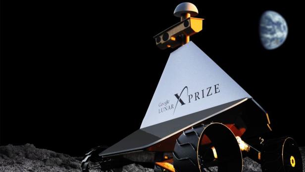 Ein Rover mit dem Logo des Google Lunar X Prize auf der Mondoberfläche, im Hintergrund die Erde.