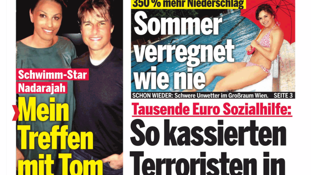 Titelseite der Zeitung „Österreich“ mit einem Artikel über Nadarajahs Treffen mit Tom Cruise.