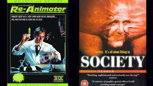 Die Cover der Horrorfilme „Re-Animator“ und „Society“ nebeneinander.
