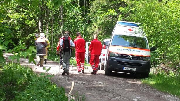 Ein Rettungswagen des Roten Kreuzes steht an einem Waldweg, während Einsatzkräfte zu Fuß unterwegs sind.