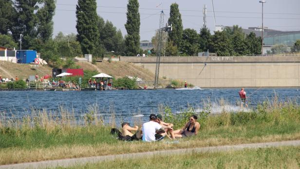 Viele Besucher der Donauinsel suchen Abkühlung am Ufer der Donau.