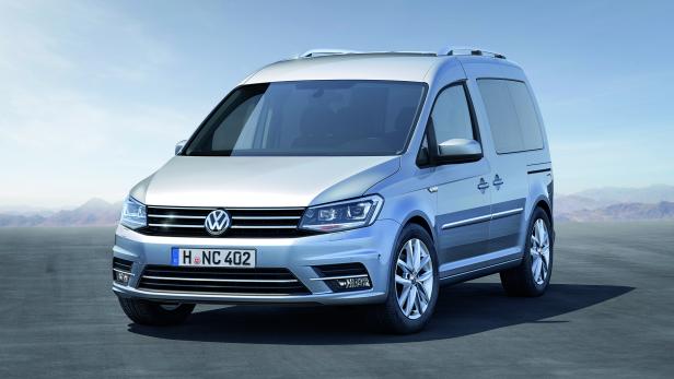 Ein silberner VW Caddy steht vor einer Bergkulisse.