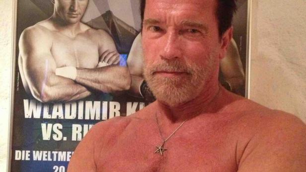 Arnold Schwarzenegger posiert vor einem Boxplakat von Wladimir Klitschko.