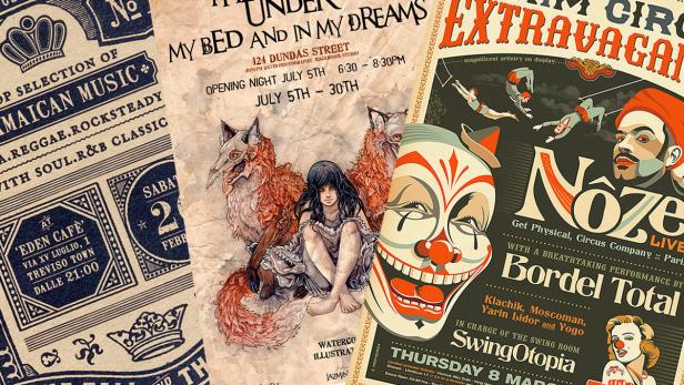 Mehrere illustrierte Veranstaltungsplakate, darunter eines für jamaikanische Musik und eine Zirkusvorstellung.