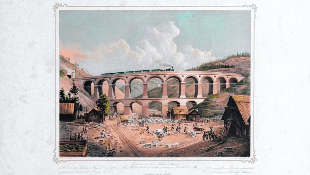 Viadukt über die Kalte Rinne, Lithografie von Imre Benkert, 1854