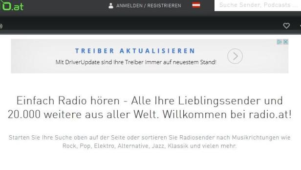 Die Webseite von radio.at mit dem Slogan „Einfach Radio hören“.