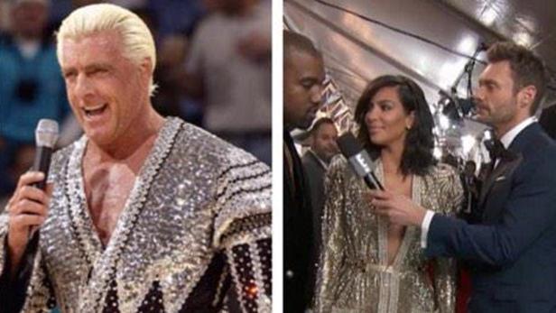 Zwei Bilder: Ric Flair mit Mikrofon und Kim Kardashian, die von Ryan Seacrest interviewt wird.