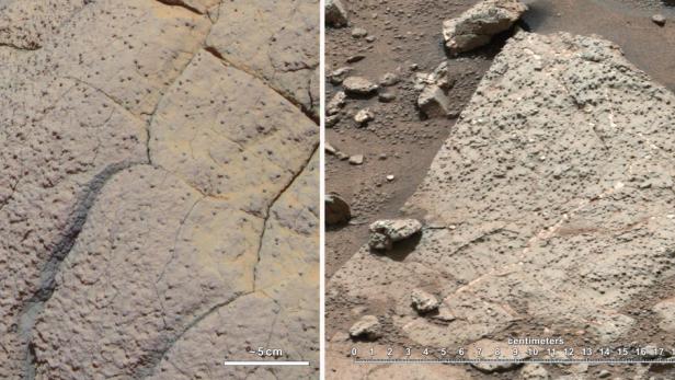 epa03620559 An undated handout combo photograph released by NASA on 12 March 2013 shows a set of images comparing rocks seen by NASA&#039;s Opportunity rover and Curiosity rover at two different parts of Mars. On the left is &#039; Wopmay&#039; rock, in Endurance Crater, Meridiani Planum, as studied by the Opportunity rover. On the right are the rocks of the &#039;Sheepbed&#039; unit in Yellowknife Bay, in Gale Crater, as seen by Curiosity.The &#039;true color&#039; image from Opportunity&#039;s panoramic camera (Pancam) was acquired on Sol 250 (the 250th Martian day of Opportunity&#039;s operations, which was 06 October 2004, on Earth). The image from Sheepbed was from Curiosity&#039;s Mast Camera on Sol 192 (the 192d Martian day of Curiosity&#039;s operations, which was 18 Febuary 2013, on Earth). EPA/NASA/JPL-Caltech/Cornell/MSSS / HANDOUT HANDOUT EDITORIAL USE ONLY