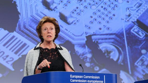 Eine Frau spricht vor dem Hintergrund eines Schaltplans der Europäischen Kommission.