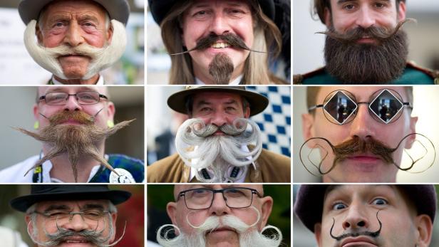 Eine Collage von Männern mit aufwendigen Bärten und Schnurrbärten.