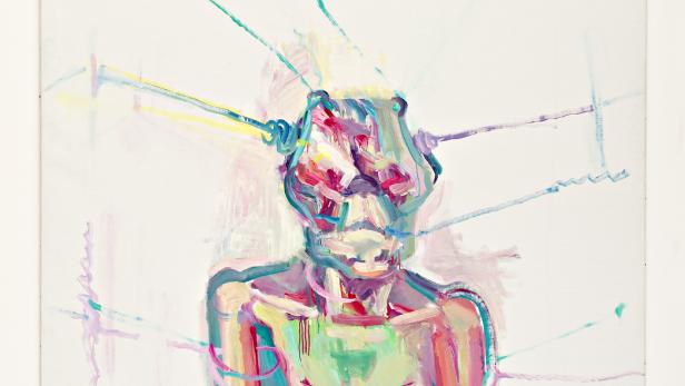 Ein farbenfrohes Gemälde einer sitzenden, androgynen Figur mit Drähten am Kopf.