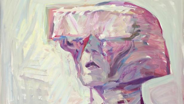 Ein abstraktes Porträt in Rosa-, Lila- und Weißtönen.