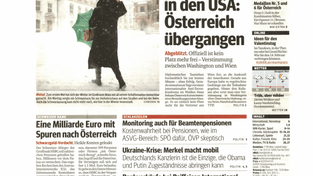 Titelseite des Kurier vom 10. Februar 2015 mit Schlagzeilen zu Terrorismus, Wintersturm und Finanzen.