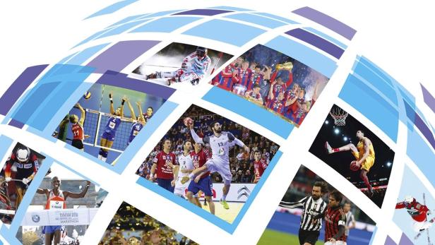 Eine Collage verschiedener Sportarten, darunter Volleyball, Handball, Basketball, Skifahren und Marathonlauf.