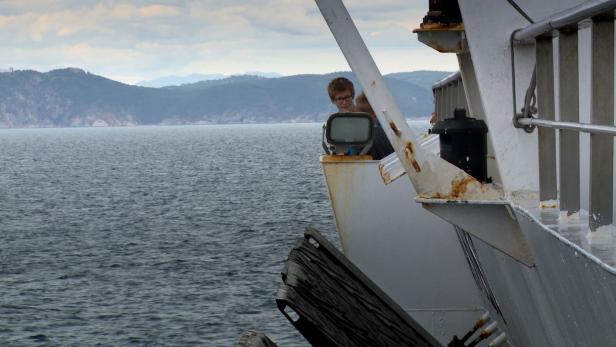 Ein Junge schaut von einem Schiff auf das Meer und die Küstenlinie.