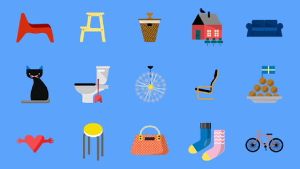Verschiedene stilisierte Icons auf blauem Hintergrund, darunter Möbel, Essen und Alltagsgegenstände.