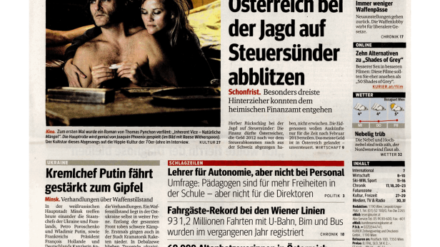 Titelseite der Zeitung „Kurier“ vom 11. Februar 2015 mit verschiedenen Artikeln und Bildern.