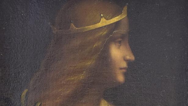 Das Gemälde zeigt das Profil einer Frau mit einer goldenen Krone.
