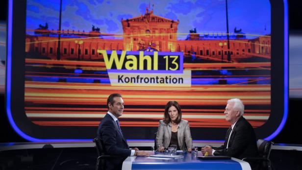 APA14605462 - 12092013 - WIEN - ÖSTERREICH: Team Stronach Spitzenkandidat Frank Stronach (r.), Moderatorin Ingrid Thurnher (m.) und FPÖ-Chef Heinz-Christian Strache (l.) am Donnerstag, 12. September 2013, vor Beginn einer ORF-TV-Konfrontation zur NR-Wahl 2013 in Wien. APA-FOTO: GEORG HOCHMUTH