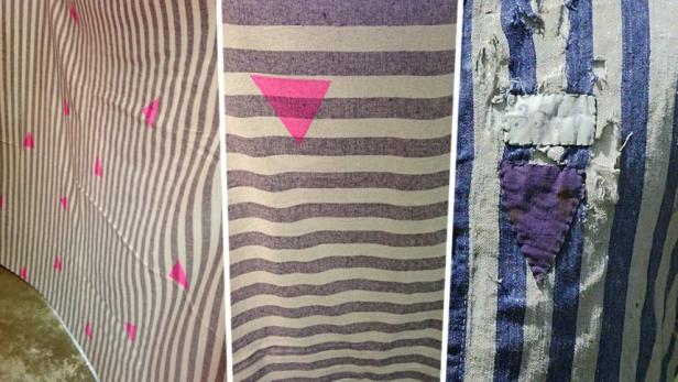 Detailaufnahmen von gestreiften Stoffen, einer davon mit einem aufgenähten lila Winkel.