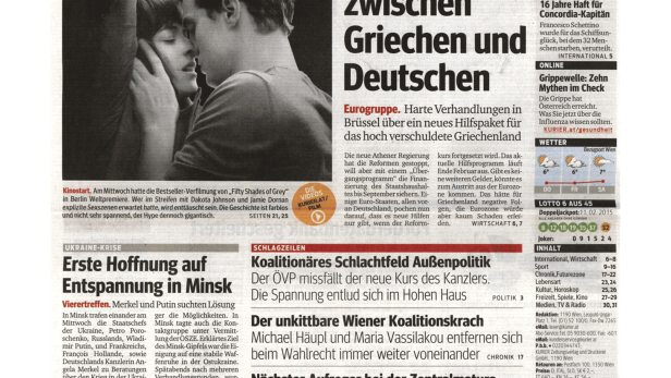 Titelseite des Kurier vom 12. Februar 2015 mit Artikeln zu verschiedenen Themen.