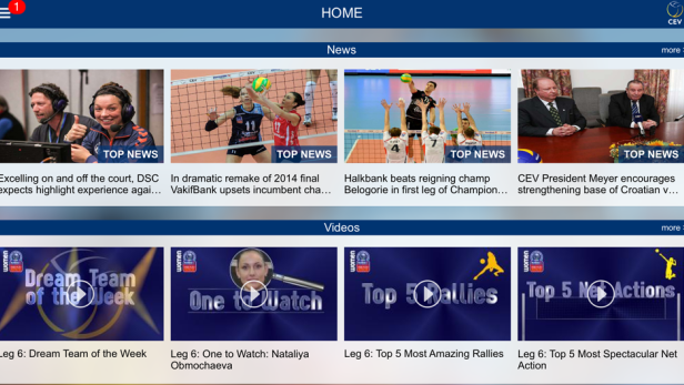 Screenshot der Startseite einer Volleyball-Nachrichten-App des CEV.