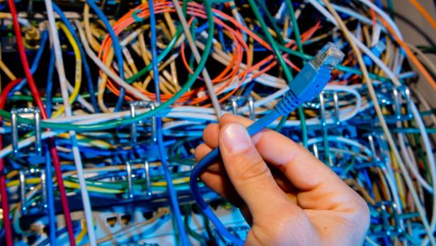Eine Hand hält ein blaues Ethernet-Kabel vor einem Kabelsalat.