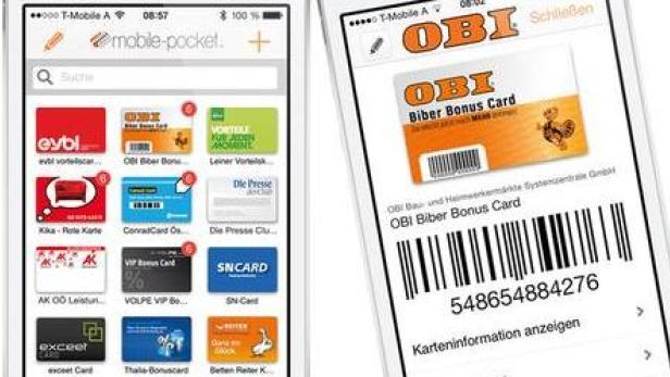 Ein Smartphone-Display zeigt die „Mobile-Pocket“-App mit verschiedenen Kundenkarten, darunter eine OBI Biber Bonus Card.