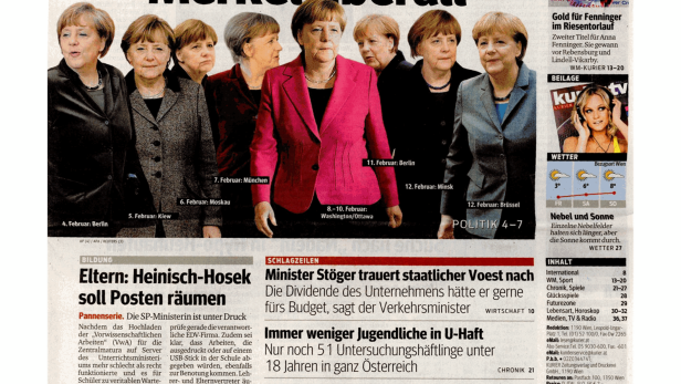 Titelseite des Kurier vom 13. Februar 2015 mit Angela Merkel im Fokus.