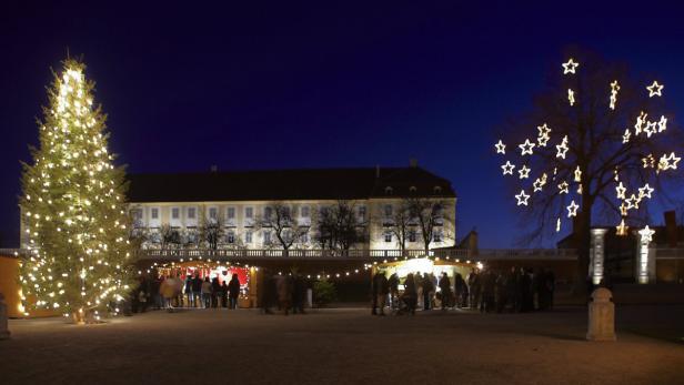 Ein Weihnachtsmarkt mit einem großen Weihnachtsbaum und einem mit Sternen beleuchteten Baum im Dunkeln.