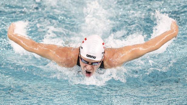 Eine Schwimmerin beim Schmetterlingsstil in einem Schwimmbecken.