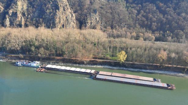 Ein Schubverband fährt auf einem Fluss entlang einer bewaldeten Uferlandschaft.
