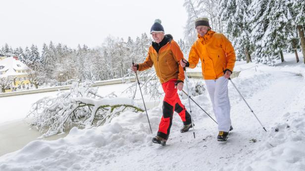 Zwei ältere Menschen machen im Winter Nordic Walking.