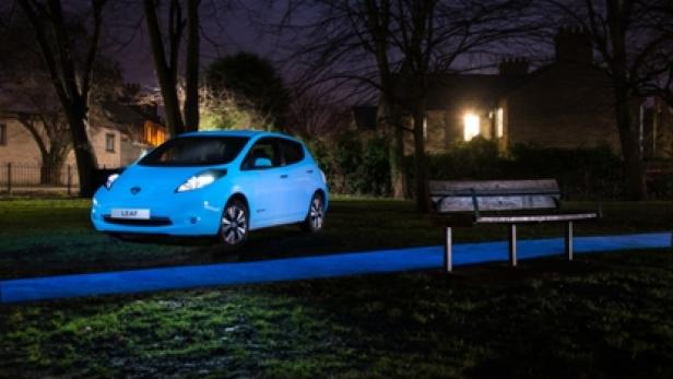 Ein hellblauer Nissan Leaf steht nachts auf einer Wiese vor einer Parkbank.