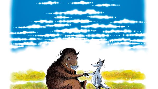 Karikatur: Sitting Bull und Standing Wolf geben sich die Hand.