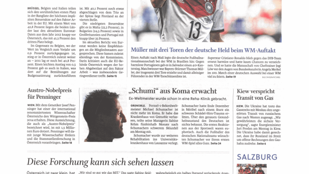 Titelseite der Salzburger Nachrichten vom 17. Juni 2014 mit Artikeln zu Steuern, Sport und Wirtschaft.