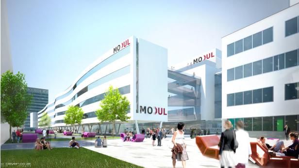 Eine Visualisierung des MODUL-Gebäudes mit Menschen auf dem Vorplatz.