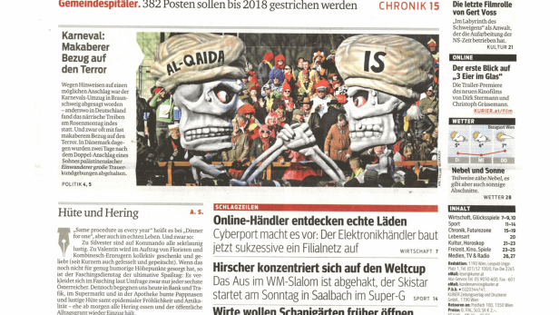 Titelseite des Kurier vom 17. Februar 2015 mit Artikeln über Politik, Karneval und Wirtschaft.