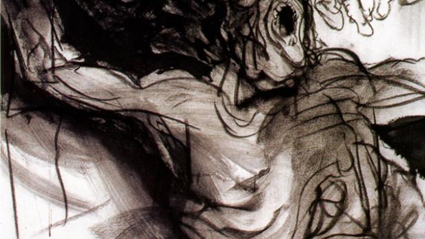 Eine expressive Zeichnung zweier älterer, leidender Männer.